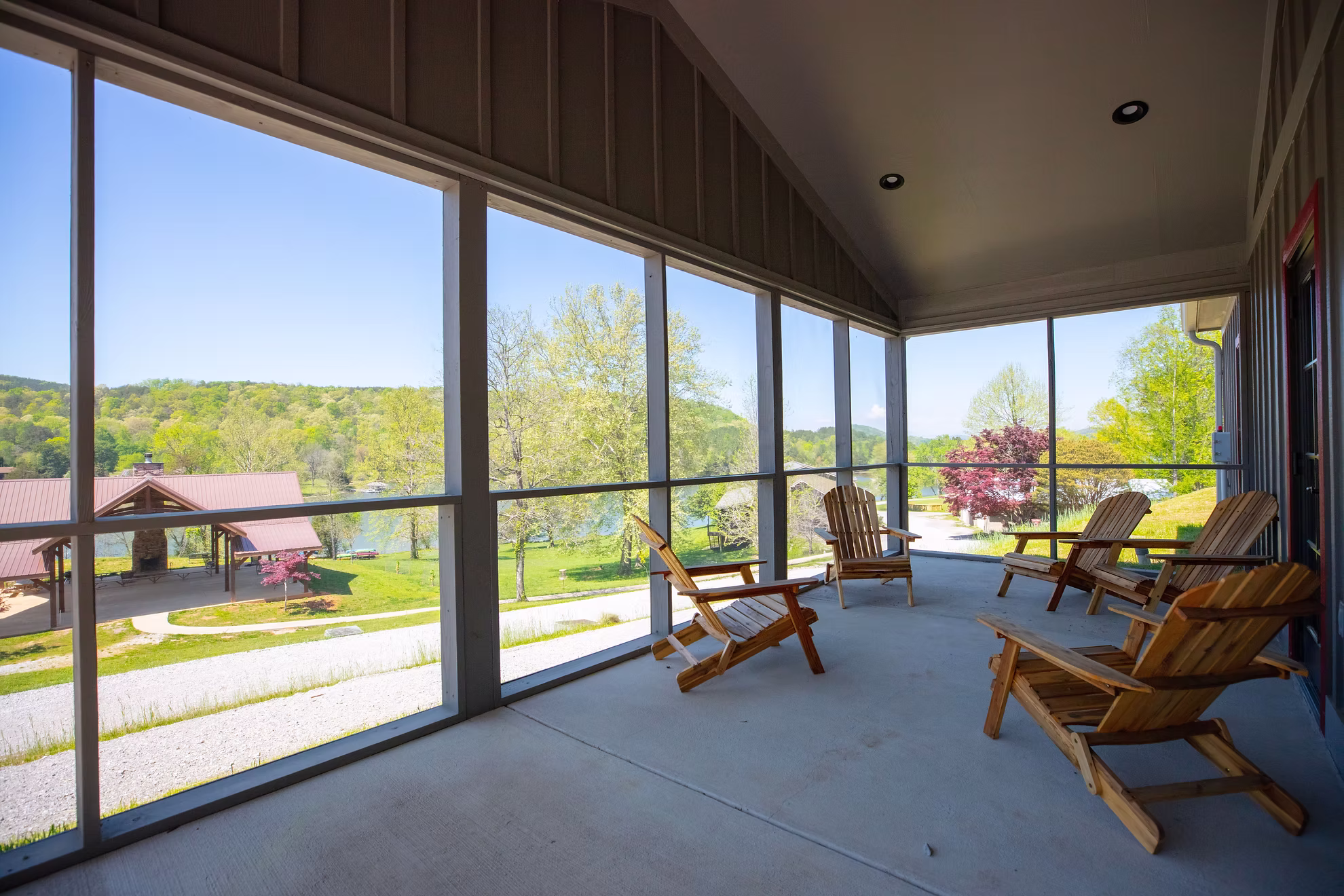 A cottage porch with lake views